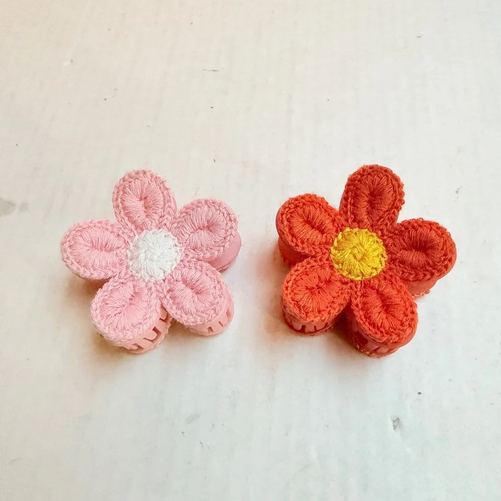 Set of 2 Embroidered Flower Hair Claw Clips Pink Orange Floral Cottagecore Y2K